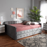 Baxton Studio CF9183-Grey-Daybed-F/T Jona Modern and Contemporary Transitional Grey Velvet Fabric Upholstered and Button Tufted Full Size Daybed with Trundle